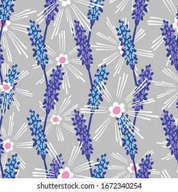 Seamless colourful pattern with decorative abstract ornament field spring seasonal flowers on a grey background. Can be used for printing on paper, stickers, badges, bijouterie, cards, textiles. 