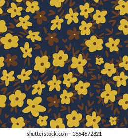 Seamless colourful pattern with decorative patch work ornament field spring seasonal flowers on a dark background. Can be used for printing on paper, stickers, badges, bijouterie, cards, textiles. 