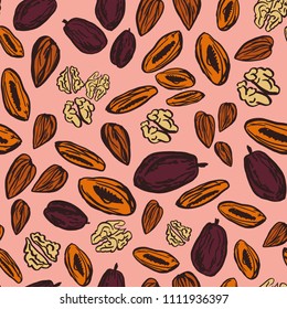 Seamless colourful pattern with dried fruits and nuts on pink background