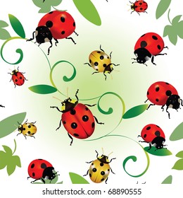 Seamless colourful pattern with ladybugs and leaves
