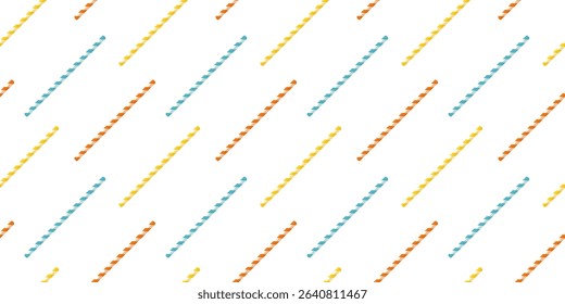Seamless colourful pattern with striped straws in orange, yellow, and blue. Cartoon style vector background. 
