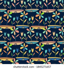 Seamless colourful vector pattern with decorative patch work ornament field spring wildflowers in lines on dark background. Can be used for textiles, backgrounds, wrapping paper