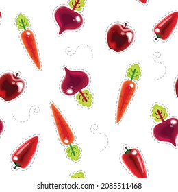 Seamless colourful vegetable and fruit vector graphical pattern. Isolated on white background. Cartoon clean style 