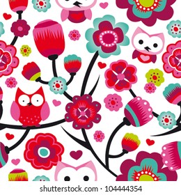 Seamless colourfull owl flower pattern for kids in vector