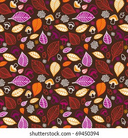 Seamless colourfull pattern with cute autumn leafs and mushrooms in vector