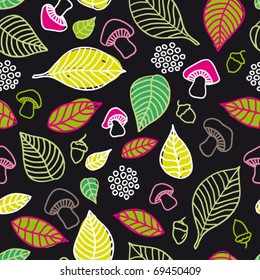 Seamless colourfull pattern with cute autumn leafs and mushrooms in vector