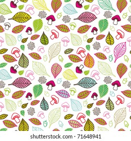 Seamless colourfull pattern with cute autumn leafs and mushrooms in vector