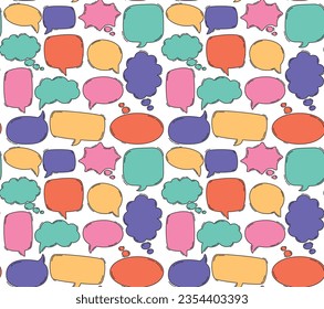 Seamless colrful pattern of hand drawn empty different shape speech bubbles. Vector background with doodle elements 