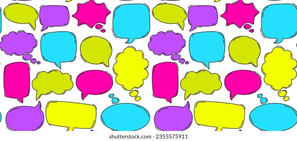 Seamless colrful pattern of hand drawn empty different shape speech bubbles. Vector background with neon colors doodle elements 