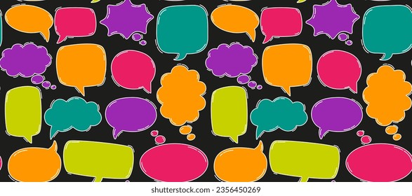 Seamless colrful pattern of hand drawn empty different shape speech bubbles. Vector background with neon colors doodle elements on black