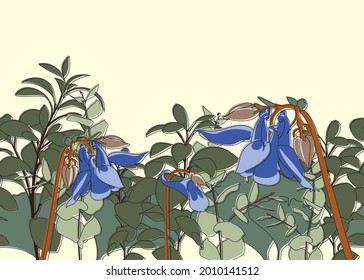 Seamless columbine border. Editable vector. Shades of purple and green. Outlined style with flat colors