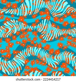 Seamless combined wavy stripes and floral pattern. Curved lines abstract geometric texture overlay with meadow daisy flower buds. Dynamic rippled background. Modern rendered repeat curves for textile.