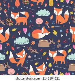 Seamless comic cartoon cute fox vector pattern. Hand draw doodle art illustration. Kids background