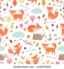 Seamless Comic Cartoon Cute Fox Vector Pattern. Hand Draw Doodle Art Illustration. Kids Background