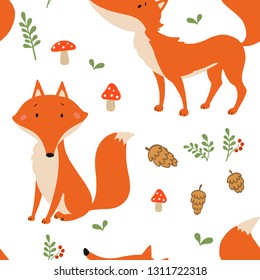 Seamless comic cartoon cute fox vector pattern