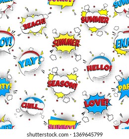 Seamless Comic Lettering Summer In The Speech Bubbles Comic Style Flat Design pattern. Dynamic Pop Art Vector Illustration Isolated On White Background. 