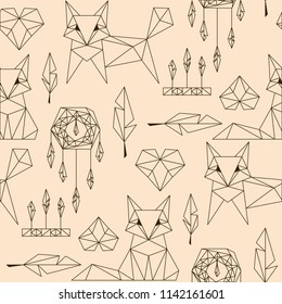Seamless comic linear polygonal fox vector pattern.  Kids background