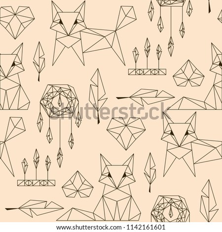 Seamless comic linear polygonal fox vector pattern.  Kids background