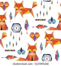 Seamless comic polygonal fox, dream catcer, bird feather, vector pattern.  Cute background