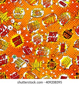 Seamless comic vector illustration for sales and discounts in pop art style. Decorative seamless background with bomb explosive for black friday and sale. 