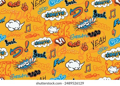 Seamless comics lettering pattern in pop art style with text Cool, super, wow, hi. Old-fashioned design for printing on fabric, wrapping paper, sport textile. Comics typography on orange background