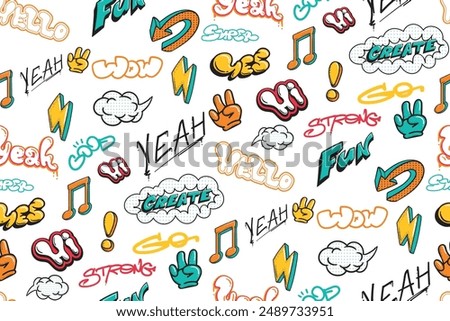 Seamless comics lettering pattern in pop art style with text Cool, super, wow, hi. Comics graffiti print for fabric, fashion textile, wrapping paper, sport textile. Comics typography