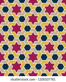 Seamless complex pattern. Repeating node of intersecting triangles with a star in the center vector, logo design element. Knot, hexahedron. Vector illustration. Background, paper. Red, gold, brown.