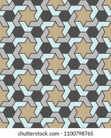 Seamless complex pattern. Repeating node of intersecting triangles with a star in the center vector, logo design element. Vector illustration. Morocco, arabic style. Background. Gray, brown, black.