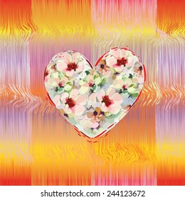 Seamless composition with abstract heart with flowers on grunge striped wavy colorful background