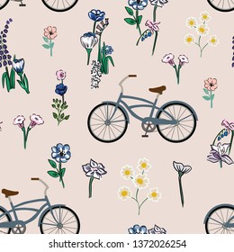 Seamless composition of bicycle and meadow flowers on the pink background. Flat vector wallpaper.