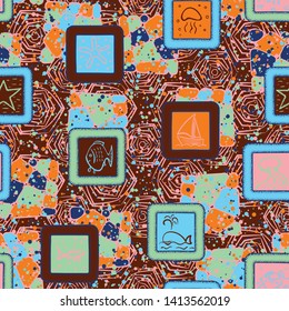 Seamless composition from the chaos of drawn marine objects in the frame and abstract elements.