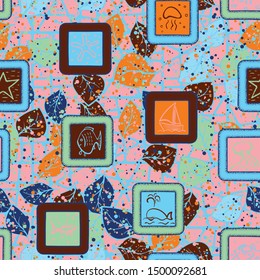 Seamless composition from the chaos of drawn marine objects in the frame and abstract elements.