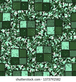 Seamless composition from chaos of square checkered patches and abstract elements.