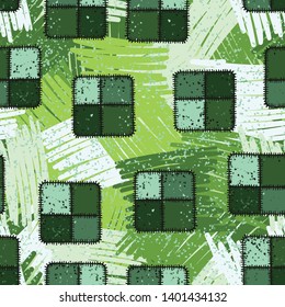 Seamless composition from chaos of square checkered patches and abstract elements.