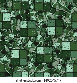 Seamless composition from chaos of square checkered patches and abstract elements.