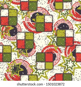 Seamless composition from chaos of square checkered patches and abstract elements.