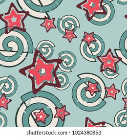 Seamless composition of curls and five-pointed stars. Chaotic arrangement. Joyful coloring.