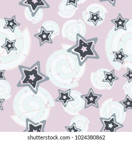 Seamless composition of curls and five-pointed stars. Chaotic arrangement. Joyful coloring.