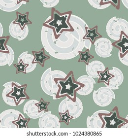 Seamless composition of curls and five-pointed stars. Chaotic arrangement. Joyful coloring.