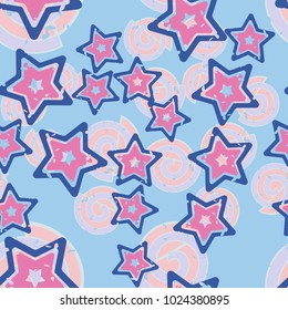 Seamless composition of curls and five-pointed stars. Chaotic arrangement. Joyful coloring.