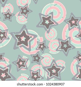 Seamless composition of curls and five-pointed stars. Chaotic arrangement. Joyful coloring.