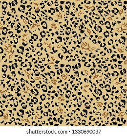 Seamless composition from eyes of wild cats on the leopard skin background. Vector design pattern