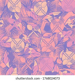 Seamless composition. Kitchenware scattered over a colored background. Editable.