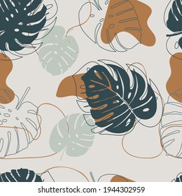 Seamless composition of large tropical leaves on a background of hand-drawn patterns