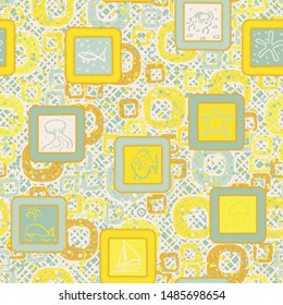Seamless composition. Marine objects in frameworks scattered on a colored background.