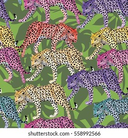 Seamless composition of multicolor wild animals leopards on a green leaves background. Fashion pattern wallpaper