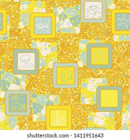 Seamless composition.  neatly drawn marine objects in the framework scattered on a colored background.
