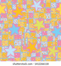 Seamless composition. Not carefully drawn starfishes are scattered over a colored background.