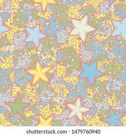 Seamless composition. Not carefully drawn starfishes are scattered over a colored background.