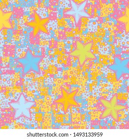 Seamless composition. Not carefully drawn starfishes are scattered over a colored background.